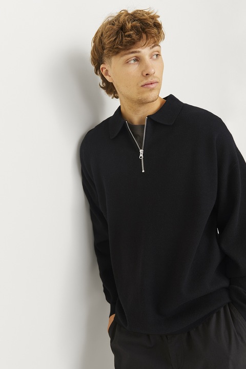 Jack & Jones, Пуловер с яка с къс цип, Черен