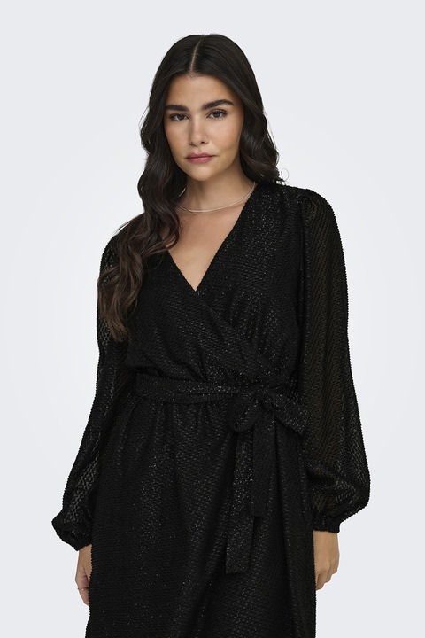 JdY, V-nyakú csillámos ruha megkötővel a derékrészén, Fekete