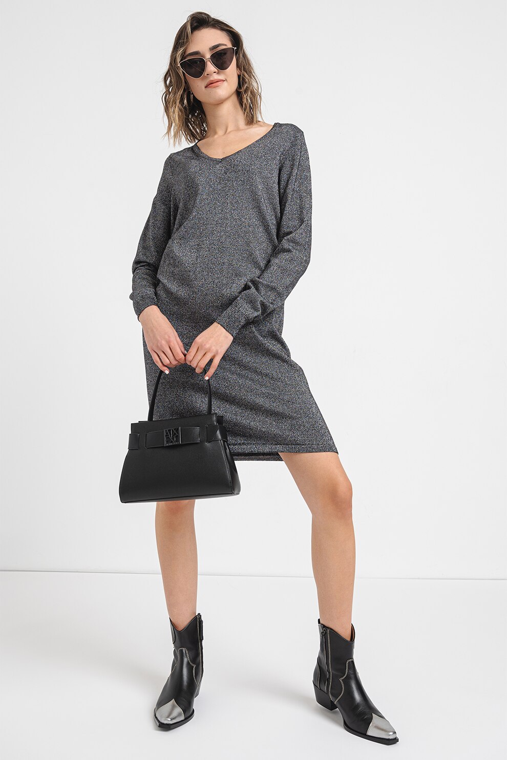 Vero Moda, Rochie-pulover cu decolteu in V Happyshine, Negru, Argintiu, S