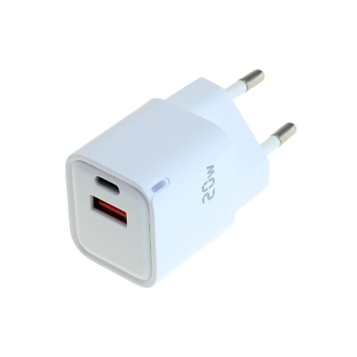 Incarcator OTB USB GaN (1xUSB-C + 1xUSB-A) cu USB Power Delivery USB-PD - 2 porturi - 20W - alb