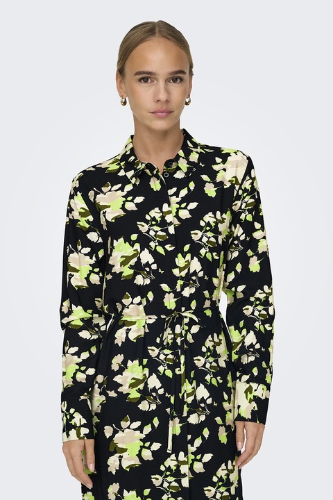 JdY, Флорална рокля-риза, Черен/Неоново зелено, XS