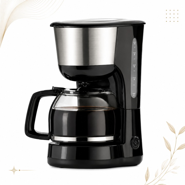 Cafetiera Chocolate, 1000 W, Cana din Sticla 1.25 L, Sistem Anti-Picurare, Oprire Automata, Functie Mentinere la Cald, pana la 10 Cupe, Fara BPA, Filtru Lavabil, Placa de Incalzire, Otel Inoxidabil, Silver