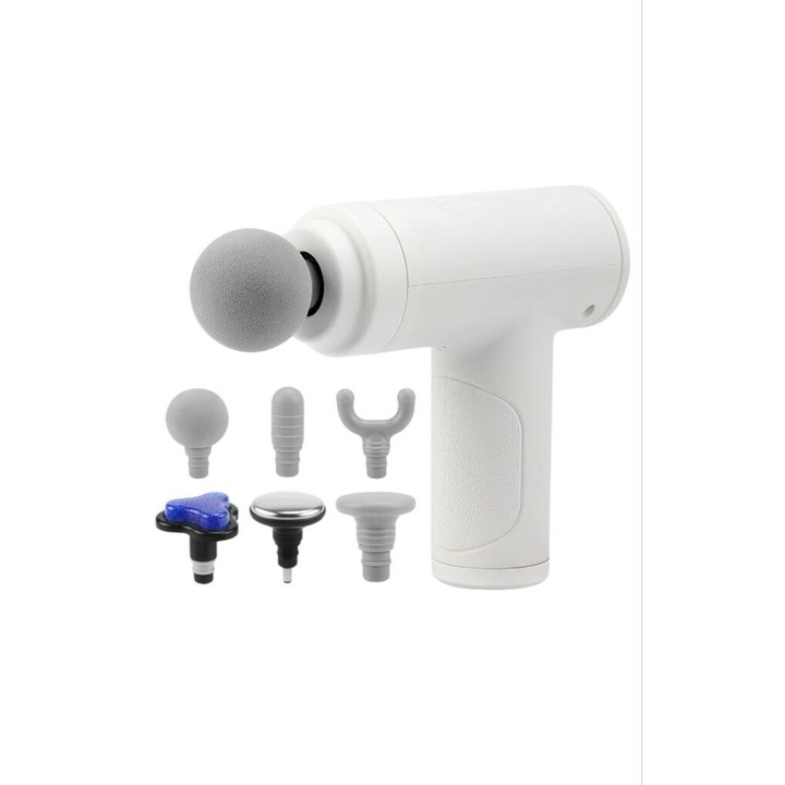Professzionális mini masszázspisztoly, SARAADA, relaxáció, alakformálás, csendes, 6 fej, 6 sebességfokozat, USB, FEHÉR