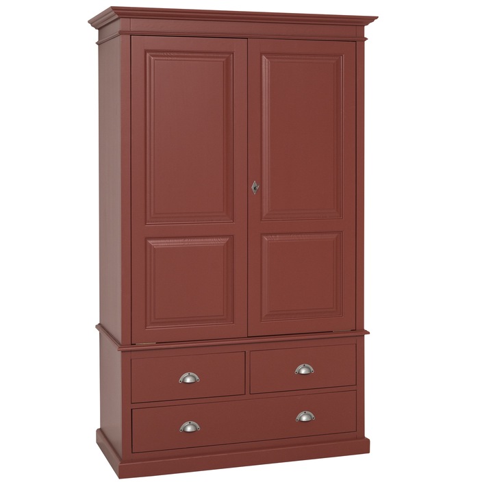 Dulap cu 2 usi si 3 sertare, culoare rosu inchis P029, vopsit, 100% lemn masiv, 121x59x197 cm