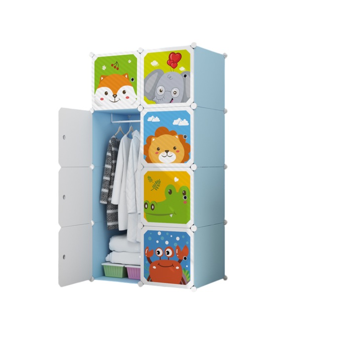 Dulap modular pentru copii, AT PERFORMANCE®, 8 rafturi, durabil, 76X37X147 cm, animalute, albastru