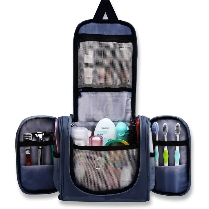 Пътна козметична чанта Комплект тоалетни принадлежности за мъже Дамска тоалетна водоустойчива с мрежести джобове и найлонова кука за закачане, козметичен органайзер за пътни принадлежности, син