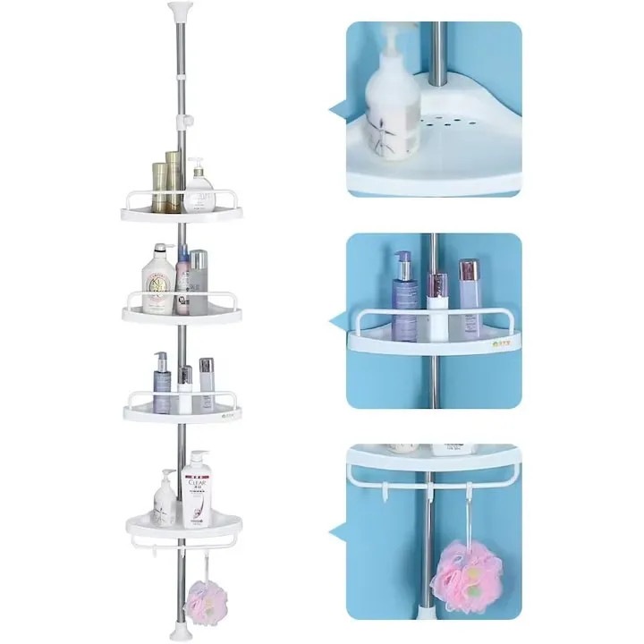 Etajera colt pentru baie si dus, 4 rafturi, Primanova, inaltime reglabila 180-250 cm, montare pe colt in tensiune pe capate, din Aluminiu, Alb