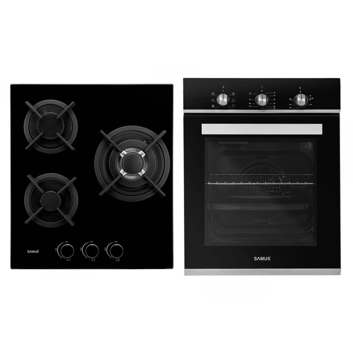 Pachet Incorporabil Samus Cuptor incorporabil SC457GTBV, 43 L, 6 Functii, Latime 45 cm + Plita incorporabila PSG-43SG1, 3 Arzatoare pe gaz, Sticla Neagra