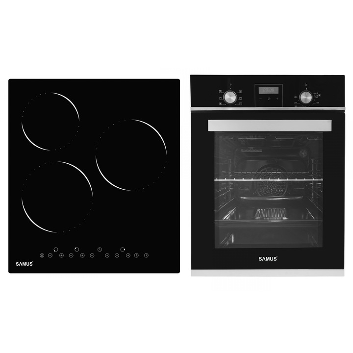 Комплект за вграждане Samus Фурна SCE459GTBV, 47 L, 6 функции, Ширина 45 см + Стъклокерамичен плот PSVE-43BG2, 3 зони за готвене, 4800 W, Черен