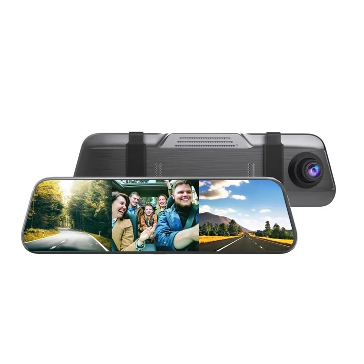 DVR с тройна камера за кола, Купете, Видео, HD 1080P, Предни/Задни/Вътрешни камери, Сензорен екран, 10 инча, Включено приложение, Нощно виждане, Сензор за движение, G сензор, Мониторинг на паркиране, Циклично записване, GPS