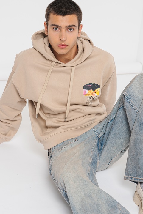 Jack & Jones, Hanorac lejer de bumbac cu buzunar kangaroo, Negru/Galben/Maro nisip, XL