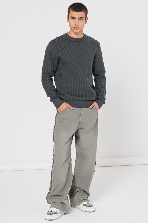 Jack & Jones, Памучен пуловер с овално деколте, Тъмнозелен