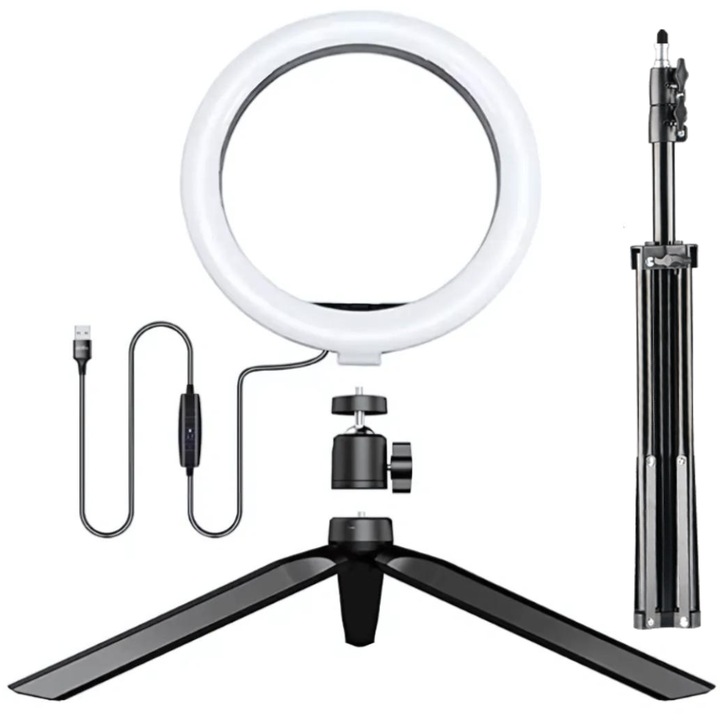 Lampa circulara SDEPOT®, diametru 16cm/6inch LED, conectare USB, 3 moduri de lumina, 10 trepte reglaj, cu mini trepied si trepied mare