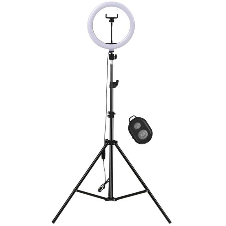 Lampa circulara cu suport selfie, SDEPOT®, diametru 30 cm/12 inch, putere 20 W, 288 LED-uri, temperatura culoare 5800K - 3000K, lumina rece/lumina calda/lumina neutra, trepied inclus, Negru