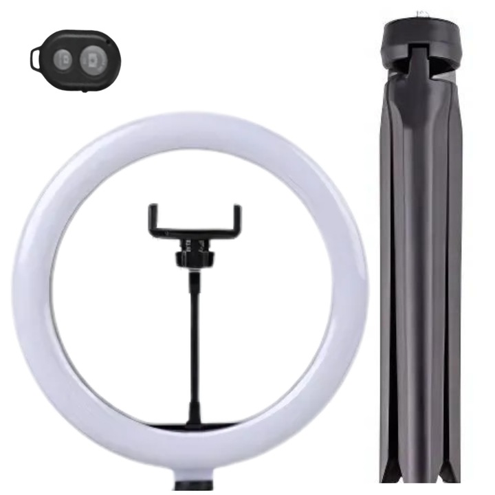 Lampa circulara SDEPOT®, diametru 26cm/10inch LED, conectare USB, 3 moduri de lumina, 10 trepte reglaj, suport telefon, telecomanda selfie, trepied mic