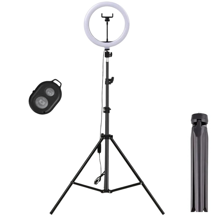 Lampa circulara SDEPOT®, diametru 30 cm/12 inch LED, conectare USB, 3 moduri de lumina, 10 trepte reglaj, suport telefon, telecomanda selfie, cu trepied mare si mic
