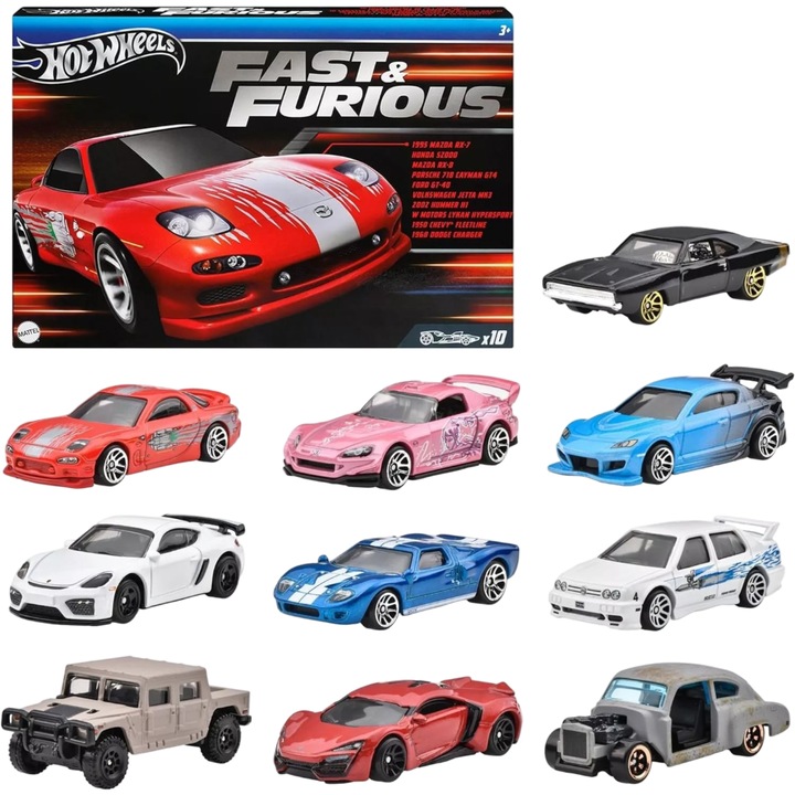 Комплект от 10 коли Hot Wheels, юбилеен комплект, колекция Fast and Furious, издание 2024 г., 1:64, метал, многоцветен
