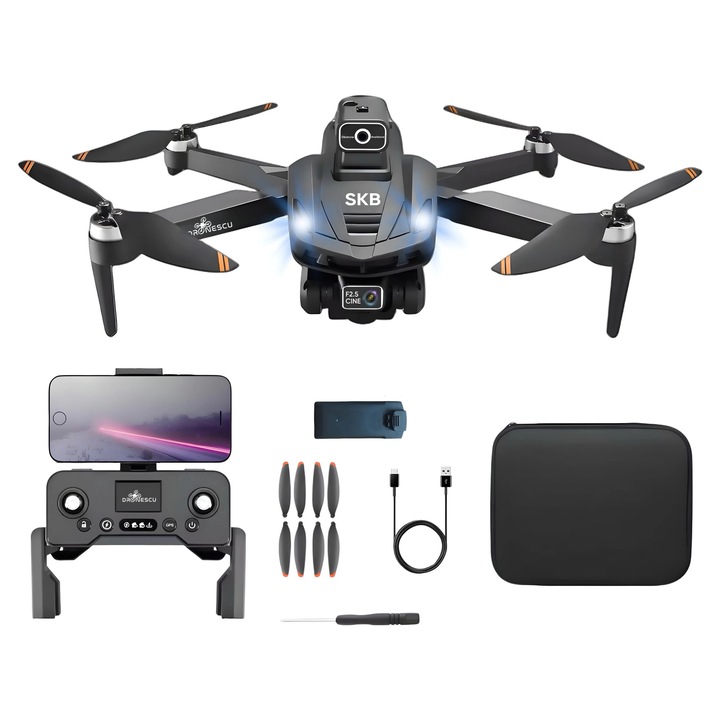 Drona profesionala pentru incepatori sau avansati, Dronescu, Model SKYBITE, Tip QuadCopter, cu telecomanda reincarcabila si display integrat, GPS, Materiale Premium anti coliziuni, Rezolutie 8K, Senzor de evitare a obstacolelor
