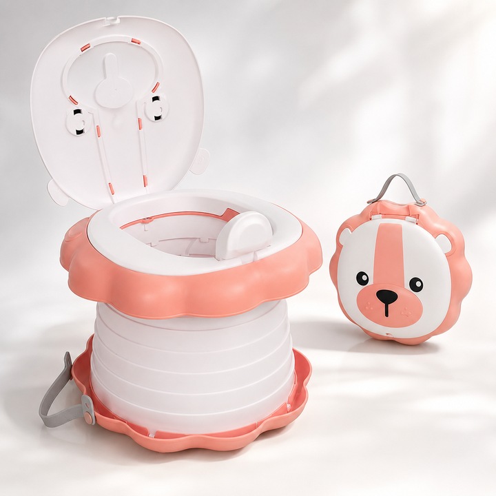 Toaleta Portabila pentru Copii, Design Pliabil cu Protectie Anti-Stropire, Ideala pentru Camping, Calatorii si Utilizare Acasa, Usor de Folosit, Materiale Ecologice si Design Animat, Roz, Smart Gadgets C&A