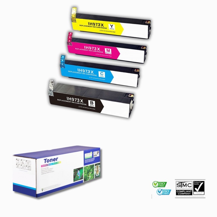 Set 4 Cartuse cerneala imprimanta 973X CMYK, 240 ml si 12000 pagini negru, 105 ml si 7500 pagini fiecare culoare, compatibil cu Pagewide Pro 452dn 452dw 477dn 477dw 552dw 577dw