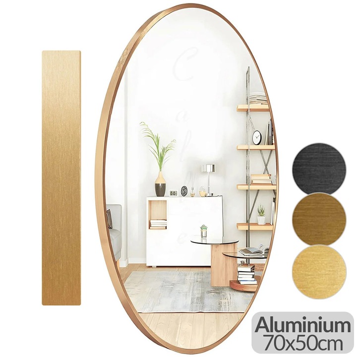 Oglinda baie ovala cu rama Aurie, 70x50cm, oglinda de perete, decorativa, pentru hol, living, baie, rama din aluminiu, Callena