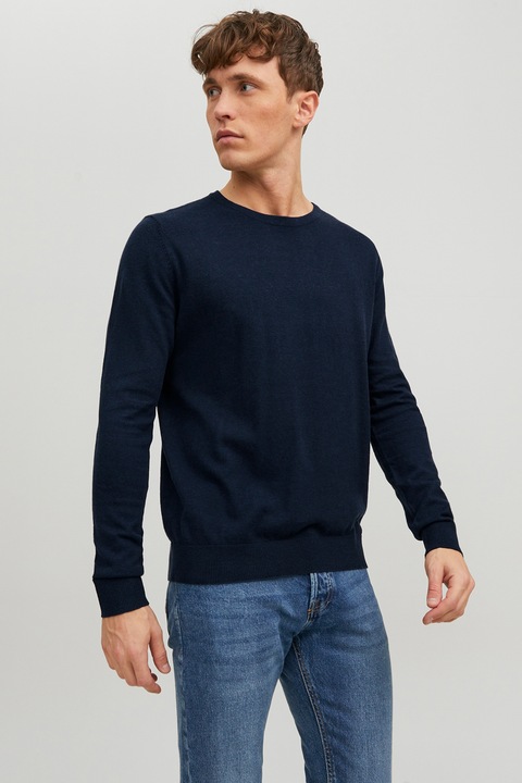 Jack & Jones, Фино плетен пуловер с овално деколте, Тъмносин