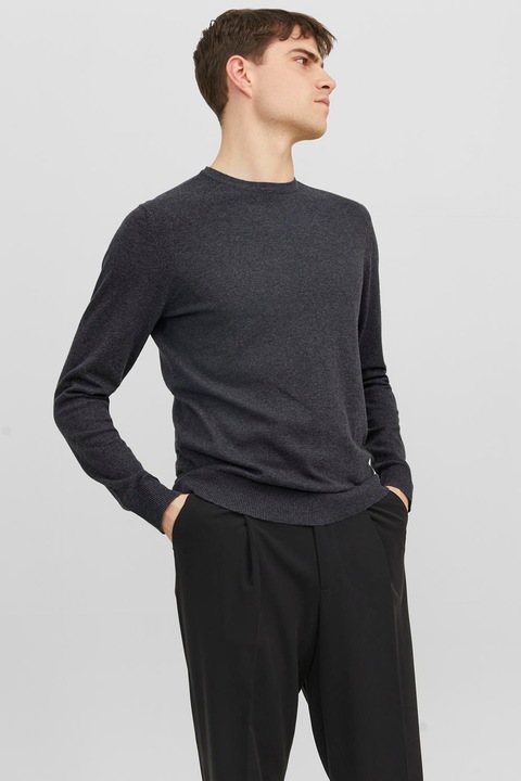 Jack & Jones, Фино плетен пуловер с овално деколте, Меланж тъмно сиво