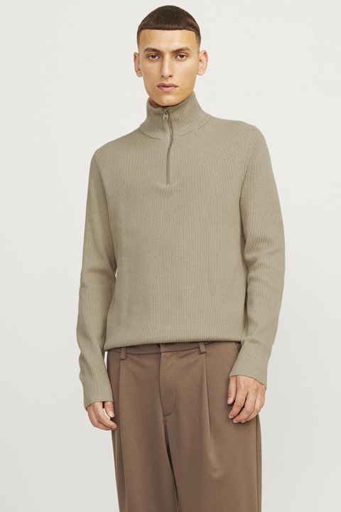 Jack & Jones, Рипсен пуловер с памук с къс цип, Бледозелен