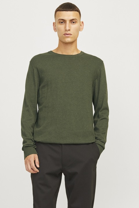 Jack & Jones, Фино плетен пуловер с овално деколте, Маслинено зелено