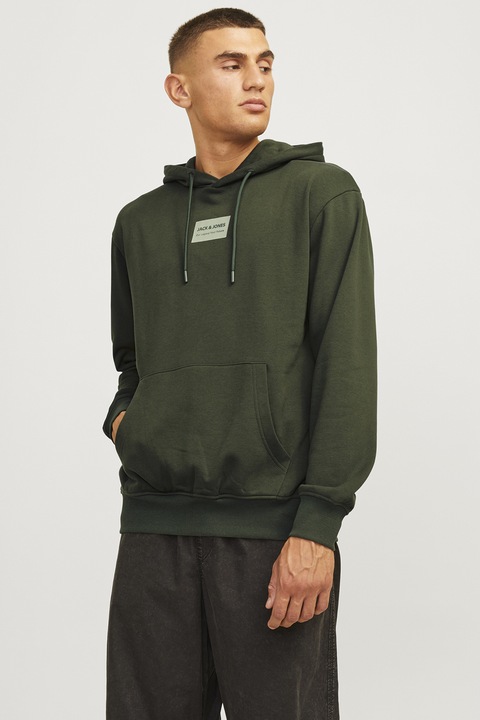 Jack & Jones, Hanorac uni din amestec de bumbac cu buzunar kangaroo, Verde padure