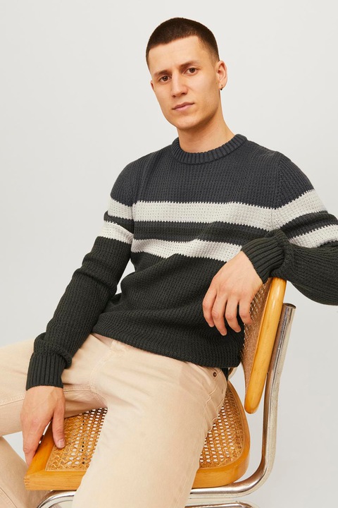 Jack & Jones, Втален раиран пуловер, Бледозелен/Tъмносив