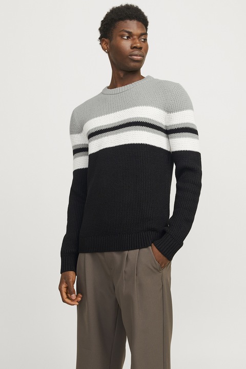 Jack & Jones, Втален раиран пуловер, Черен/Сив
