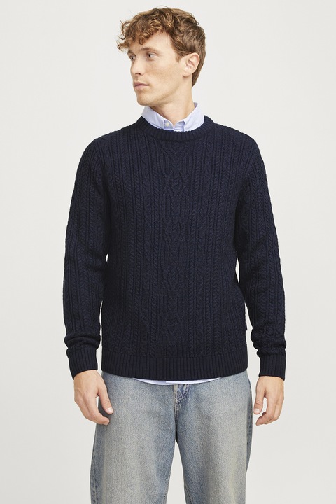 Jack & Jones, Пуловер с плетка осморка с овално деколте, Ултрамарин синьо