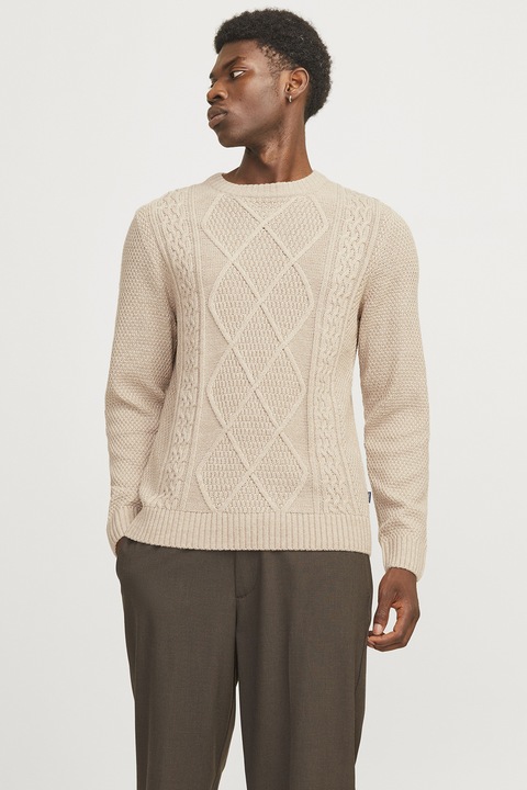 Jack & Jones, Пуловер с плетка осморка с овално деколте, Светло бежово