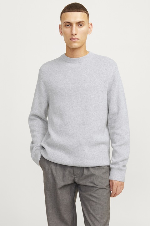 Jack & Jones, Пуловер с органичен памук с овално деколте, Светло сив