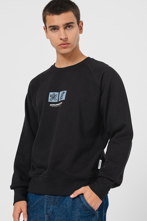 Jack & Jones, Суитшърт с лого, Черен/Прашно синьо/Мръснобял