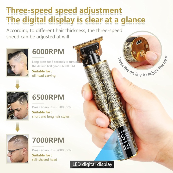 Машинка за подстригване, 3 скорости, T-образно острие, 2000mAh батерия, LED, преносима