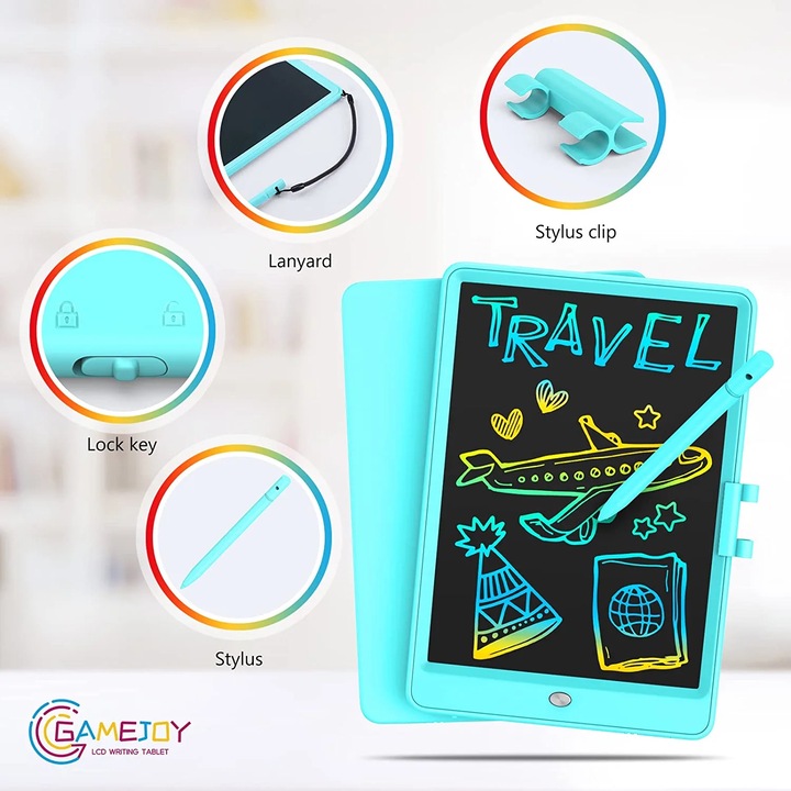 Tabla de desen LCD colorata, 10 inch, jucarie educativa pentru copii, portabila, rezistenta la socuri, Albastru