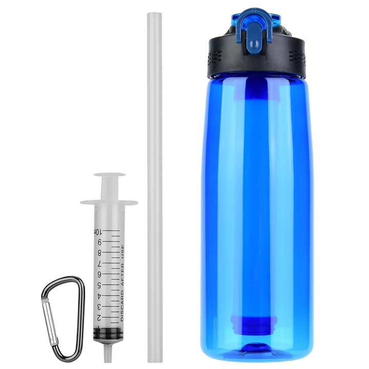 Бутилка за вода с вграден филтър, 650 мл, синя, 80x230 мм
