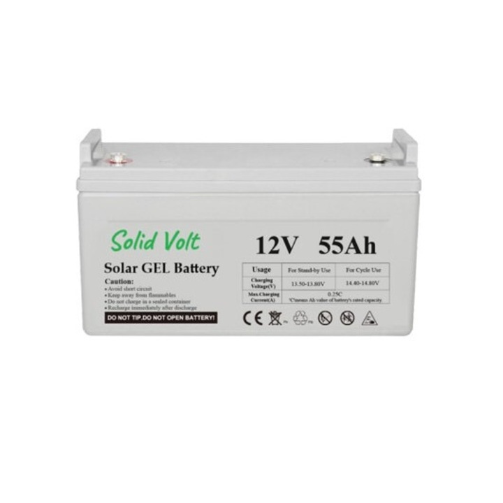 Acumulator 55Ah 12V gel solar, baterie stationara solara, panouri fotovoltaice, rulota, autorulota, sistem solar off-grid, cabana, container, durata de viata 10+ ani