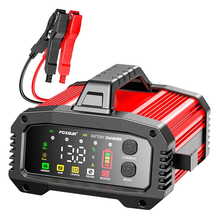 Redresor auto profesional, digital cu microprocesor, functie pornire, Foxsur, 12V 25A 24V 15A, inteligent 8 moduri operare, functie reparare prin impulsuri, Switchmode, LCD, auto, moto, camion, barca