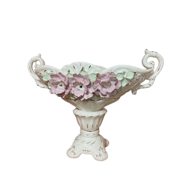 Fructiera inflorata din ceramica in alb cu auriu 43x24x33 cm