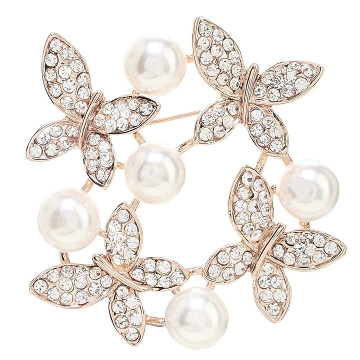 Brosa dama eleganta Shine Butterflyes, in forma de fluturi, cu margele albe, auriu