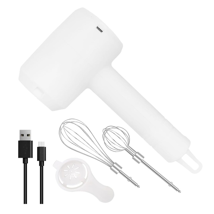 Mixer electric portabil de mana fara fir, 20W USB reincarcabil, 3 trepte de viteze, cu 2 teluri din otel inoxidabil si separator de oua, Alb
