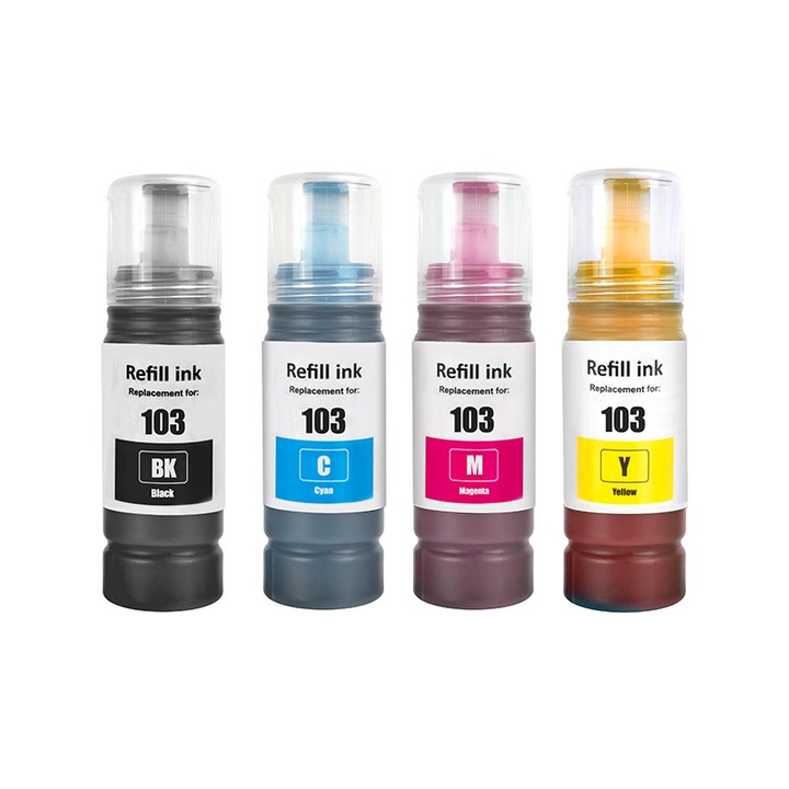 Комплект от 4 бутилки с мастило за принтер Epson 103, Golxmse, 280 ml, черно, циан, магента, жълто, съвместими с Epson 103, за L3110/L3111/L3150/L3151/L3156/L3160/L5190, EcoTank L1110
