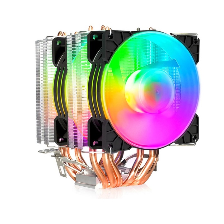 Процесорен охладител, Golxmse, с 2 вентилатора, 6 медни тръби, 4 PIN, Intel/AMD съвместим, 135x98x115mm, многоцветен