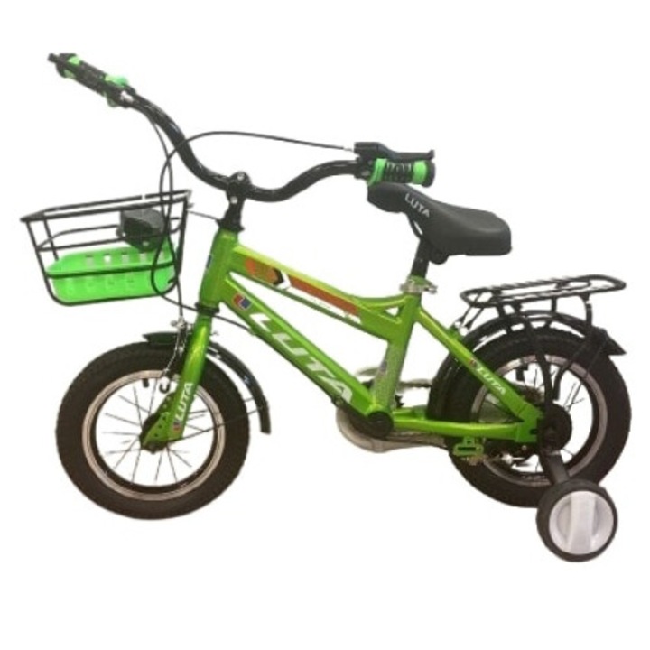 Детски велосипед Go Kart модел Luta размер 12 цола, силиконови помощни колела, кош за играчки, звънец, възраст 2-4 години, зелен цвят