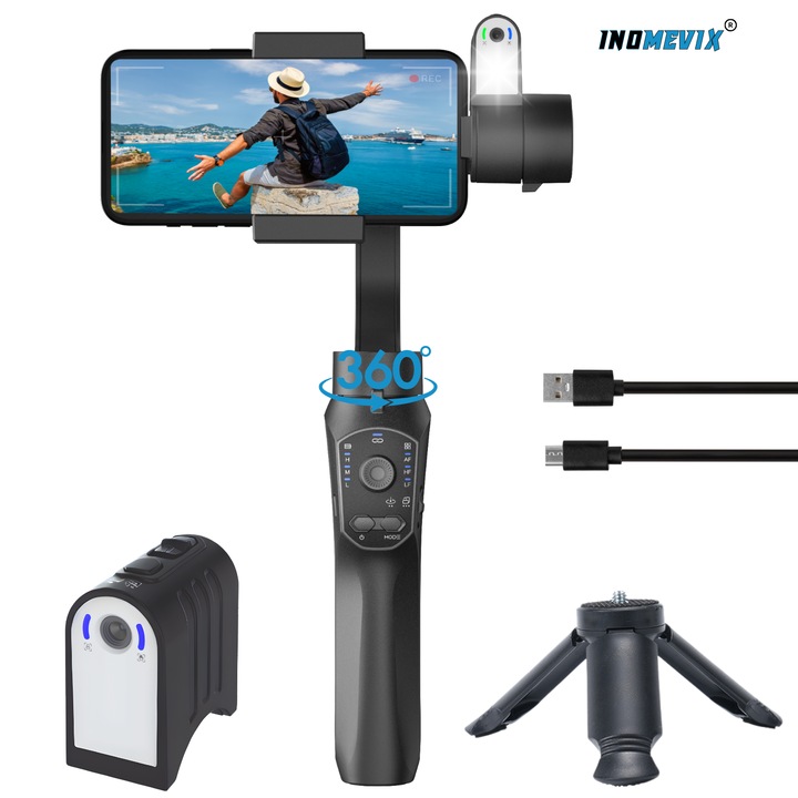 Stabilizator imagine pentru telefon 3 Axe, INOMEVIX® F10 PRO MAX Control prin gesturi cu AI, Urmarire faciala automata AI, Stabilizare foto video, LED cu 9 moduri de lumina, Aplicatie compatibila cu IOS si Android, Bluetooth, Trepied si Husa inclusa