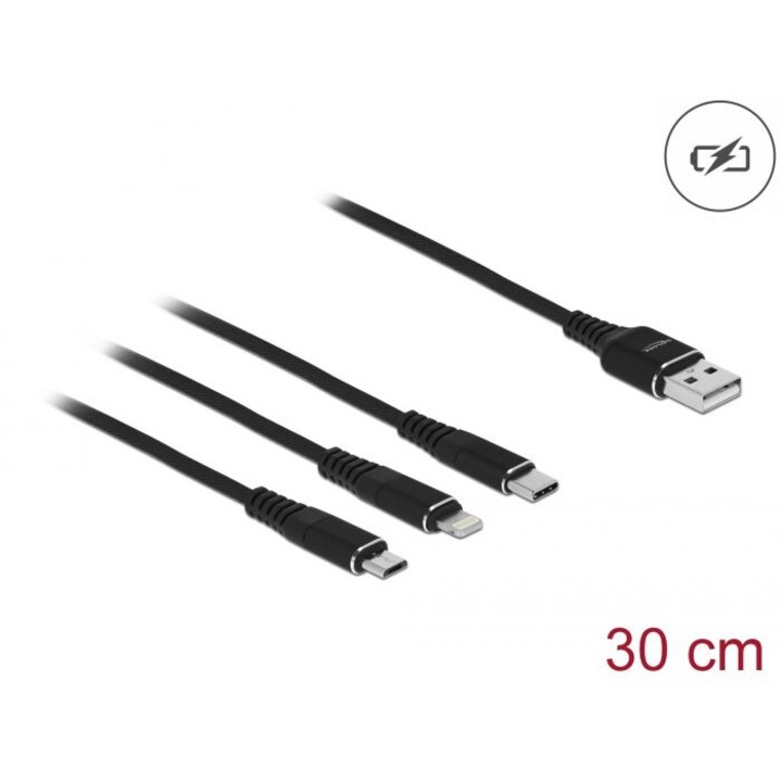 DeLock USB кабел за зареждане 3в1 Type-A към Lightning/Micro USB/USB Type-C 0.3 м Черен, 226498, Кабел