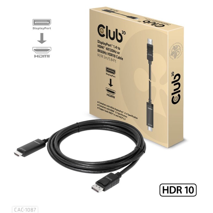Club3D DisplayPort 1.4 to HDMI 4K120Hz or 8K60Hz HDR10 Cable M/M 3m/9.84ft, 222110, Kábel